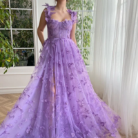 Elegant Lace & Tulle Spaghetti Strap Evening Gown with Slit - Thumbnail 5