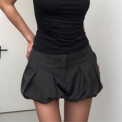 Solid color low waist skirt pleated hip-wrapped bubble skirt - Thumbnail 1