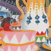 "Tea Cups" Carnival ride painting by N.E.Thompson, Framed original artwork, size 8x10 inch canvas panel - Thumbnail 3