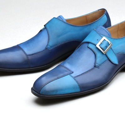 Crafted leather handmade men classic blue leather monk strap dress shoes