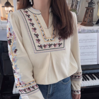 V-neck heavily embroidered shirt with printed embroidery and long sleeves - Thumbnail 6