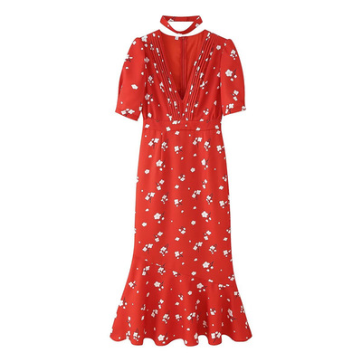 Fashionable and sexy hot girl puff sleeves drawstring print dress