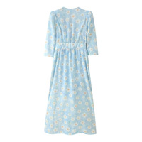 Fashionable and sexy printed puff sleeve pearl button dress - Thumbnail 1