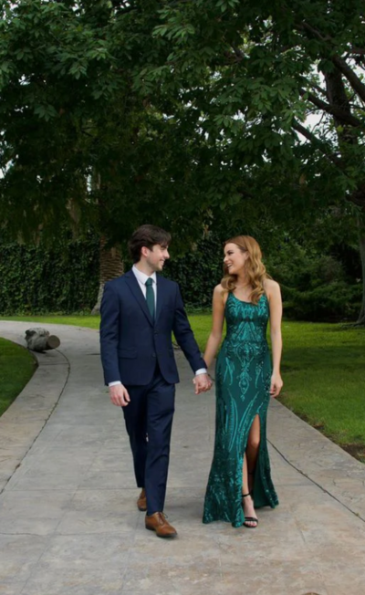 Straps Green Slit Sequin Prom Dresses Long Evening Dresses 