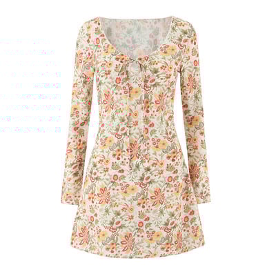 Fashionable sexy hot girl floral print long-sleeved short dress - Thumbnail 1