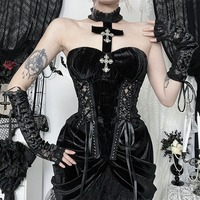 Gothic Black Crisscross Velvet Halter Top - Thumbnail 2
