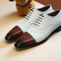 Crafted Leather Classic Two Tone Brown White Leather Oxford Dress Shoes - Thumbnail 2
