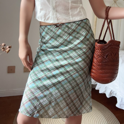Retro preppy style contrasting color plaid mesh skirt
