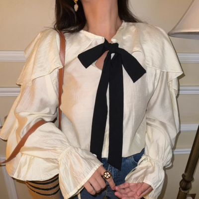 Fashionable and elegant contrasting color ribbon ruffled cardigan shirt