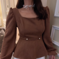 Long-sleeved square-neck lantern-sleeve top - Thumbnail 6