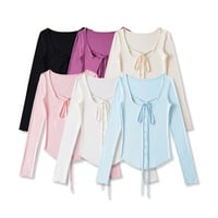 Sexy lace-up sexy large square collar long-sleeved T-shirt - Thumbnail 5