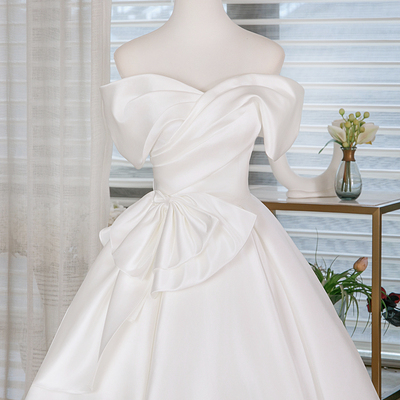 White satin short prom dress, a-line off the shoulder evening party dress
