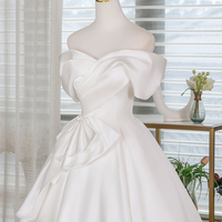 White Satin Short Prom Dress, A-Line Off the Shoulder Evening Party Dress - Thumbnail 1
