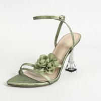 Elegant Green High-Heeled Sandals with Flower Decoration - Thumbnail 4