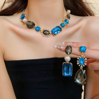 French Luxury Water Drop Rhinestone Earrings & Pearl Necklace Set - Thumbnail 6