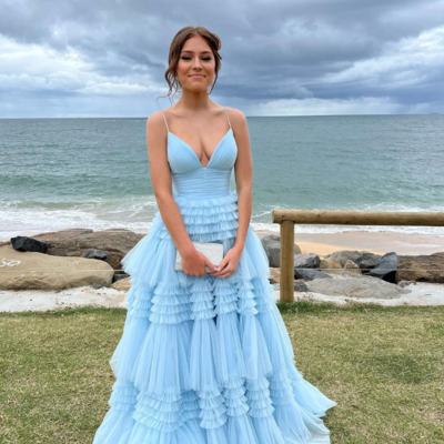 Charming a line v neck light blue tulle long prom dresses  - Thumbnail 1