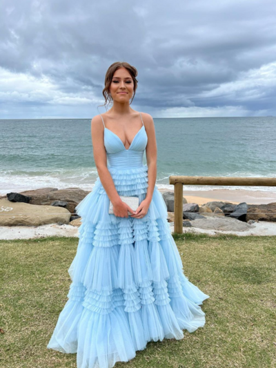 Charming A Line V Neck Light Blue Tulle Long Prom Dresses 