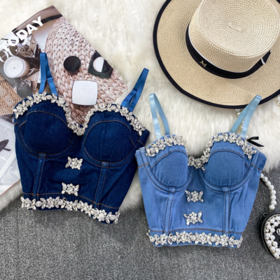 Rhinestone Sparkle Backless Denim Top