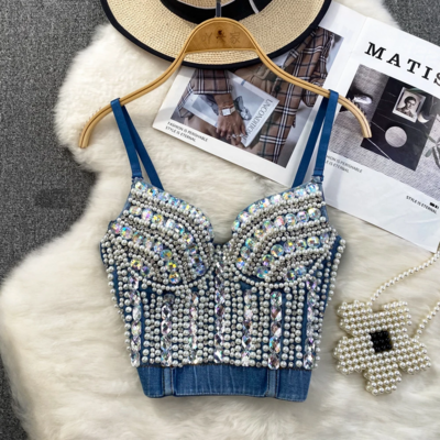 Crystal Pearl Denim Corset Bustier Top