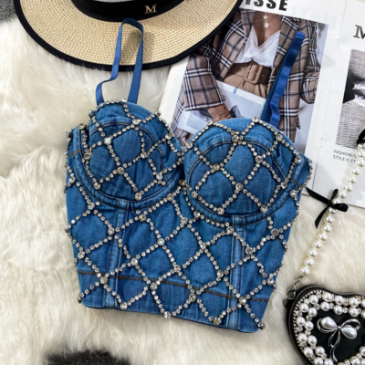 Spaghetti Strap Push-Up Rhinestone Ripped Denim Bustier Top