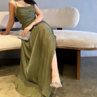 A Line Green Straps Long Prom Dress Party Dress - Thumbnail 1