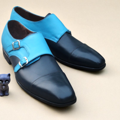 Crafted leather classic blue double monk strap shoes