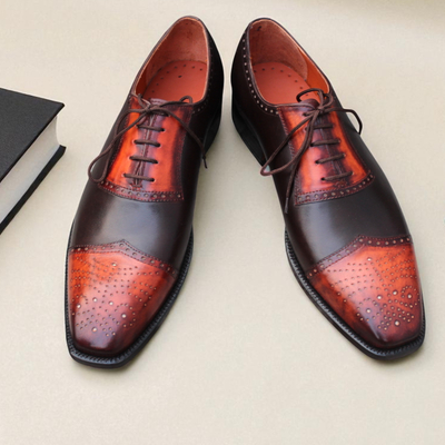 Crafted leather classic handmade brown patina leather wingtip oxford dress shoes 