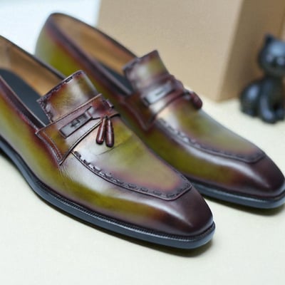 Crafted leather handmade men classic green patina leather tassel loafers dress shoes 