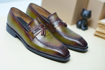 Crafted Leather Handmade Men Classic Green Patina Leather Tassel Loafers Dress Shoes 