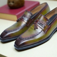 Crafted Leather Handmade Men Classic Green Patina Leather Tassel Loafers Dress Shoes  - Thumbnail 1