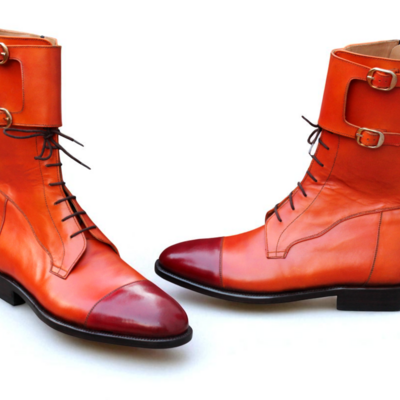 Crafted leather handmade men tan brown leather buckle strap ankle high lace up boot