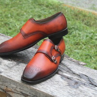 Crafted Leather Classic Handmade Men's Tan Leather Monk Strap Dress Shoes - Thumbnail 2