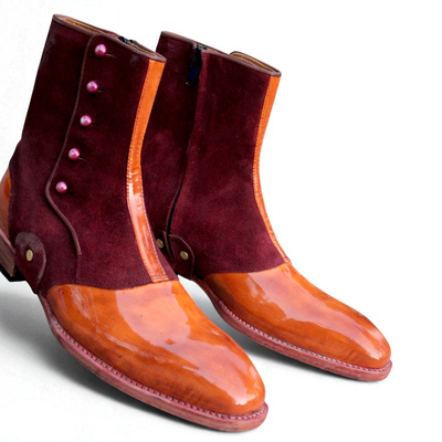 Crafted leather bespoke dress shoes two tone brown patent leather & suede ankle high button boot 