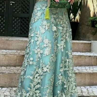Off shoulder a line green prom dress with lace appliques evening gowns 