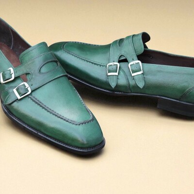 Crafted leather handmade green leather double monk strap dress shoes