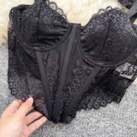 Black Gothic Vintage O-Neck Lace Spliced Crop Top - Thumbnail 3