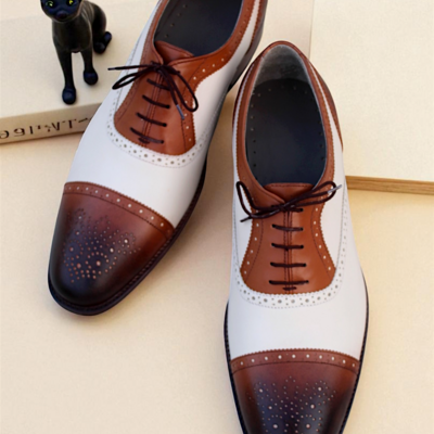Crafted leather stunning brown white leather dress shoes