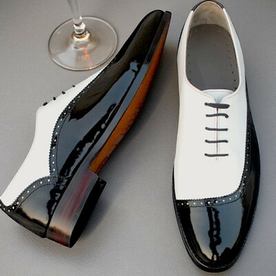 Crafted leather stunning men black patent white leather dress shoes