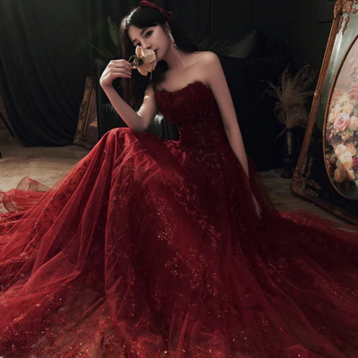 Elegant wine red floral lace and tulle long party dress - Thumbnail 1
