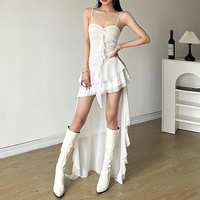 Irregular White Midi Dress Women Gothic Sexy Spaghetti Straps Ruffles dress - Thumbnail 1