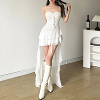 Irregular White Midi Dress Women Gothic Sexy Spaghetti Straps Ruffles dress - Thumbnail 3