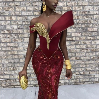 Sexy burgundy african mermaid prom dresses - Thumbnail 2