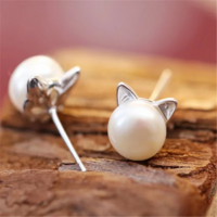 Silver Cat Stud Pearl Earrings  - Thumbnail 1