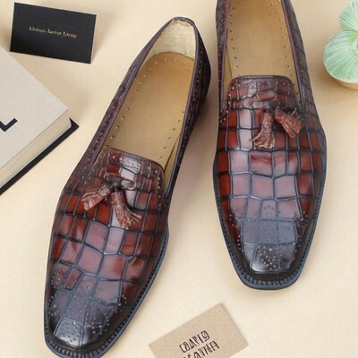 Crafted leather brown crocodile/alligator leather tassel loafers dress shoes