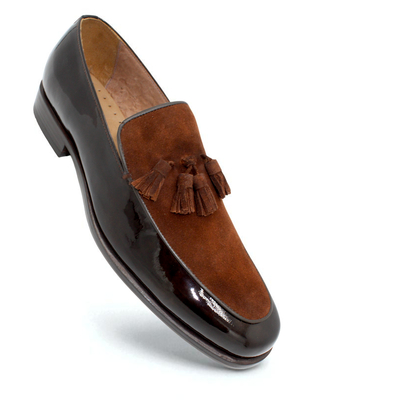 Crafted leather brown suede patent leather tassel loafers dress shoes