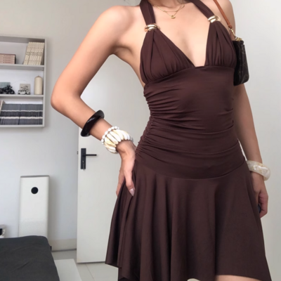 Sexy halterneck sleeveless solid color miniskirt dress - Thumbnail 1