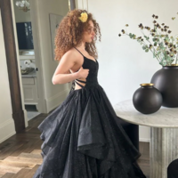 Shiny A-Line Black Straps Long Backless Prom Dresses - Thumbnail 3