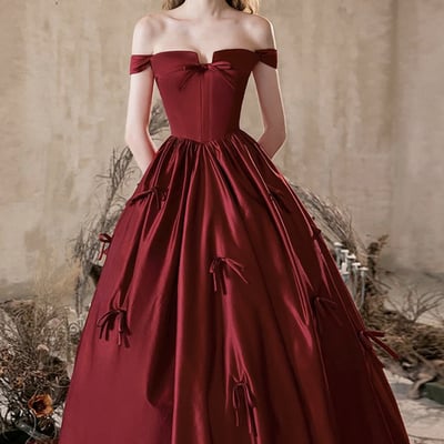 Burgundy satin off the shoulder long prom party dress - Thumbnail 1