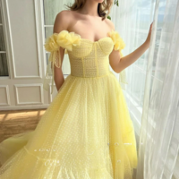 Yellow Elegant French Cocktail Evening Gown for Women - Thumbnail 2