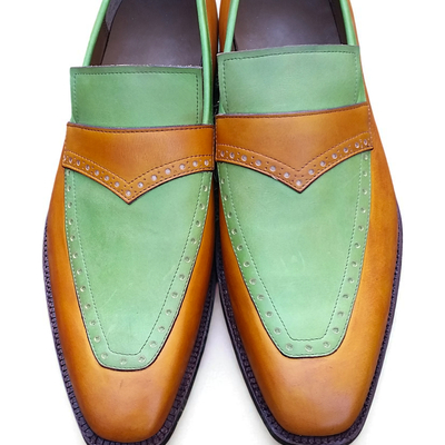 Crafted leather green brown leather moccasin loafers dress shoes - Thumbnail 1